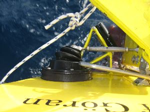 Image: The lever is sealed by the black rubber boot on a plastic base, and linked to the rudder.