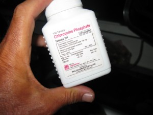 Image: Chloroquine Phosphate was used locally as an antimalarial medicine. CDC site noted this was ineffective for the malaria strains in this area, and WorldClinic advised me to use a daily dose of Doxycycline instead.