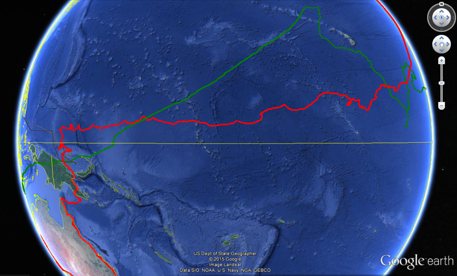 Image: Kırmızı çizgi Pasifik okyanusunda rotamı gösteriyor.